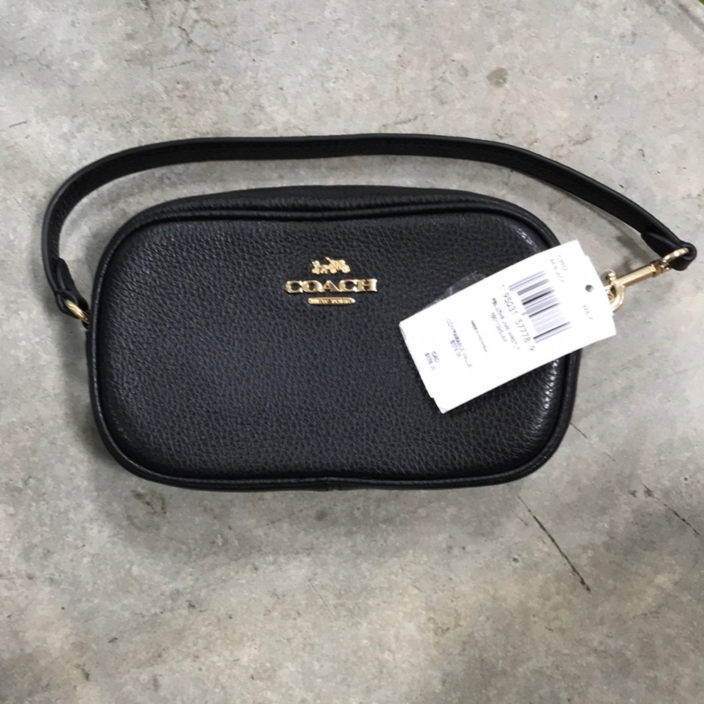 Coach Black Pebbled Leather Wristlet with Gold Logo
